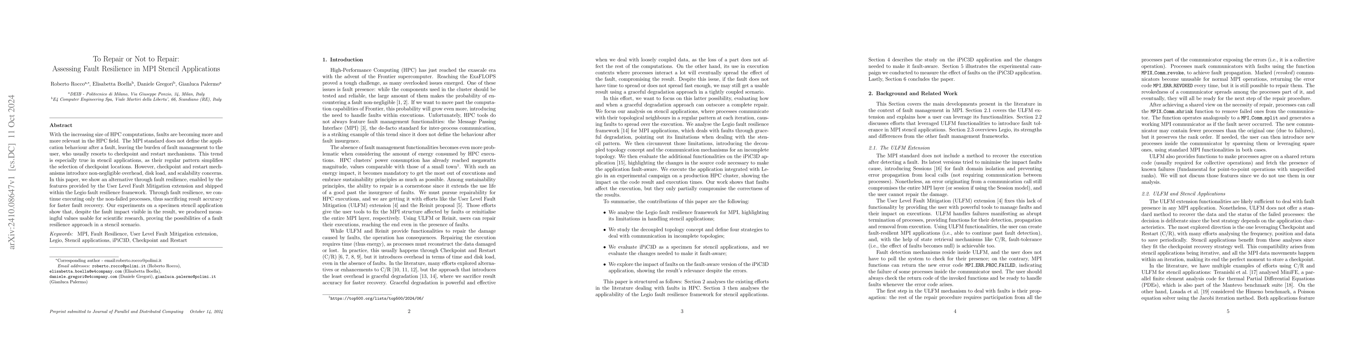 Thumbnail for To Repair or Not to Repair: Assessing Fault Resilience in MPI Stencil
  Applications