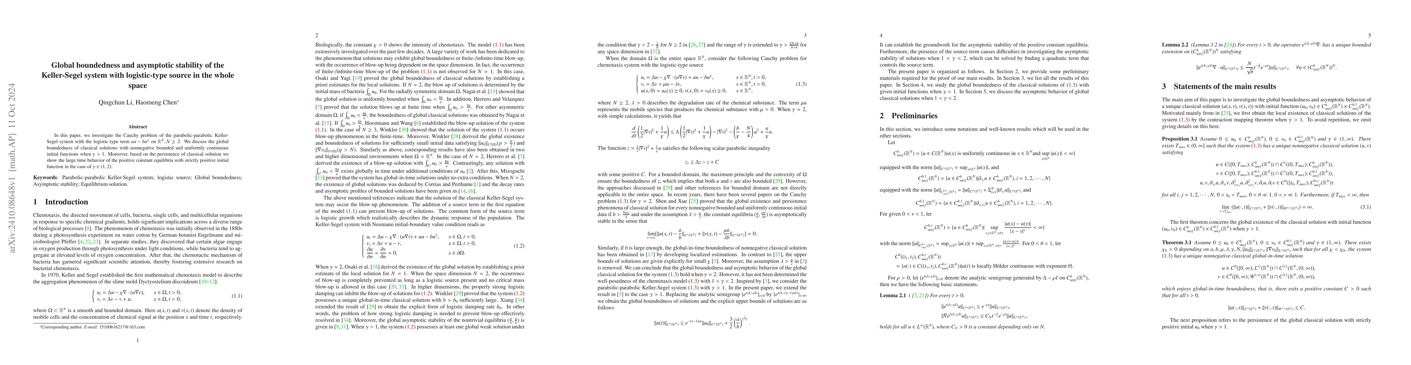 Thumbnail for Global boundedness and asymptotic stability of the Keller-Segel system
  with logistic-type source in the whole space