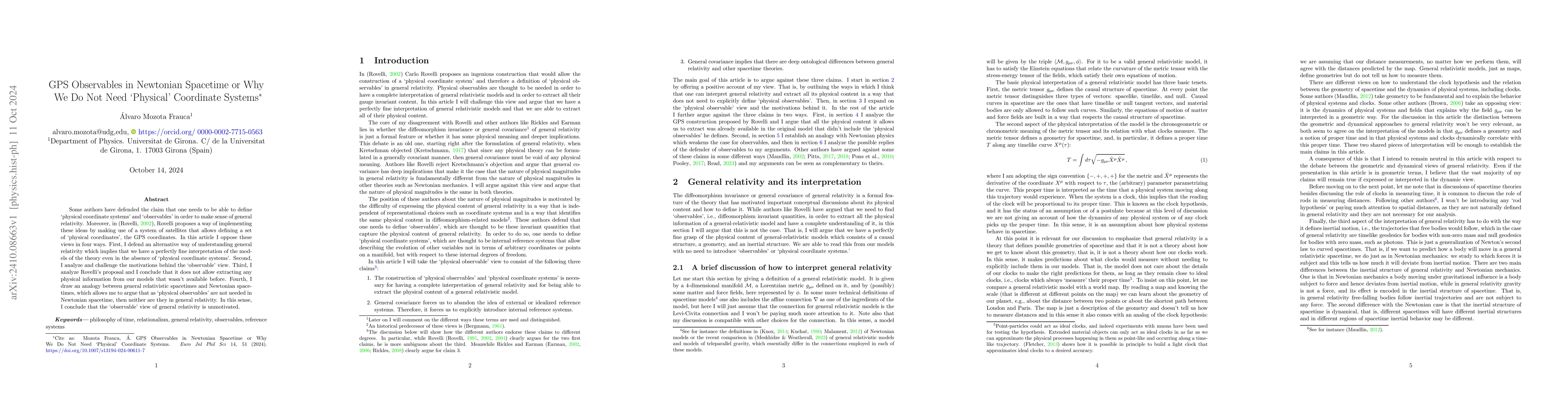 Thumbnail for GPS Observables in Newtonian Spacetime or Why We Do Not Need 'Physical'
  Coordinate Systems