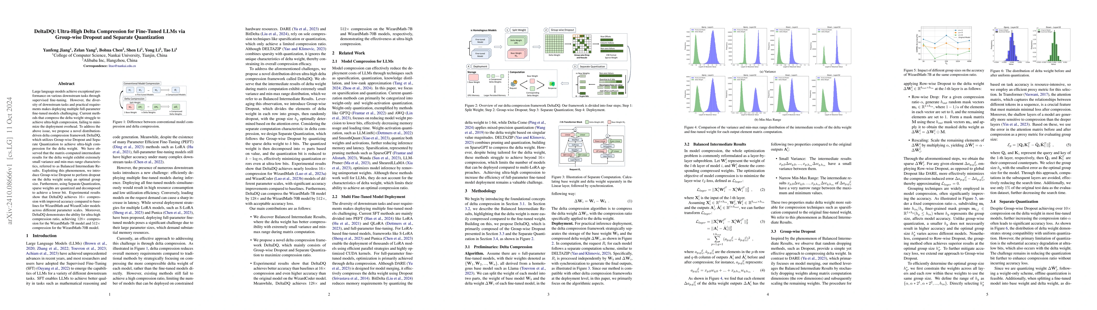 Thumbnail for DeltaDQ: Ultra-High Delta Compression for Fine-Tuned LLMs via Group-wise
  Dropout and Separate Quantization