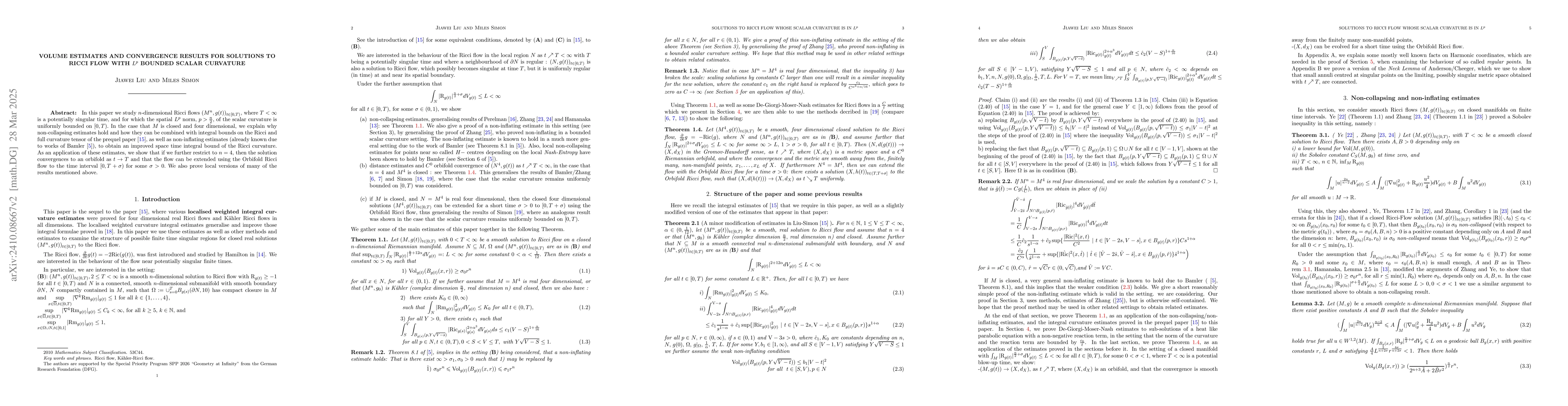 Thumbnail for Non-collapsing, non-inflating and convergence results for solutions to
  Ricci flow with $L^{p}$ bounded scalar curvature