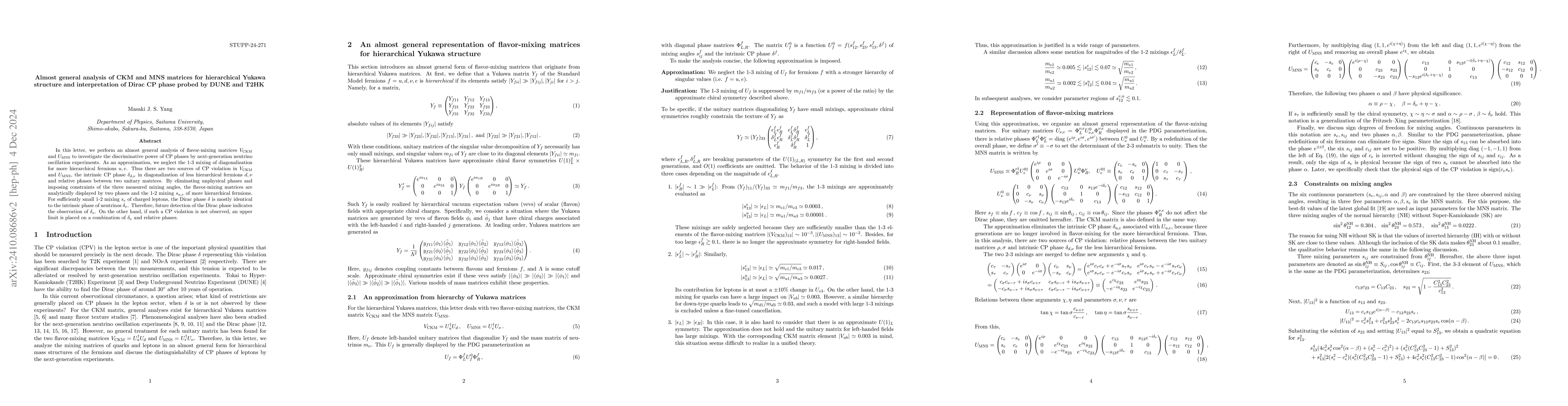 Thumbnail for Almost general analysis of CKM and MNS matrices for hierarchical Yukawa
  structure and interpretation of Dirac CP phase probed by DUNE and T2HK