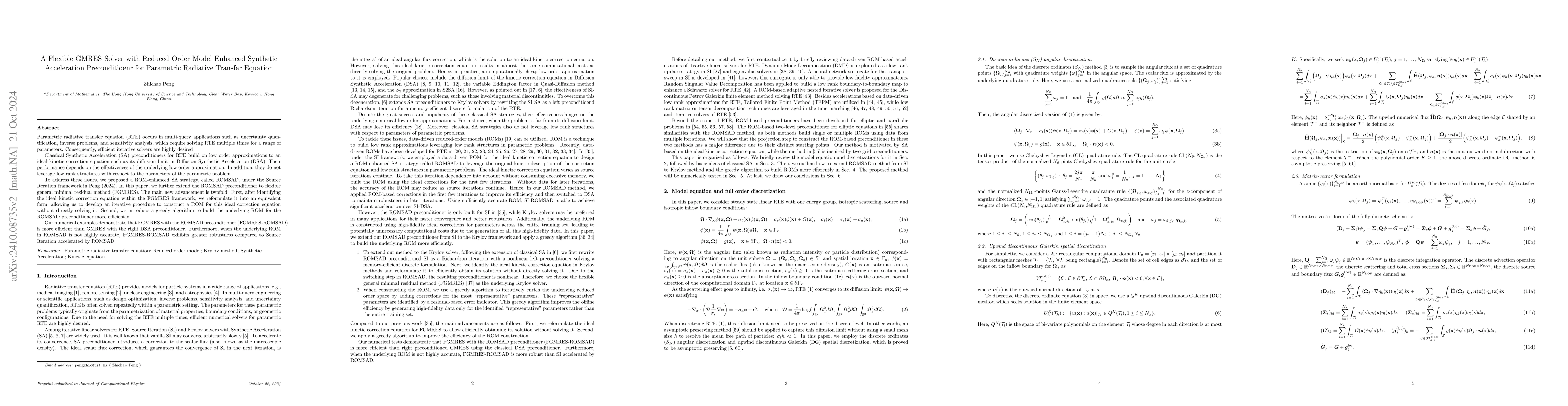 Thumbnail for A Flexible GMRES Solver with Reduced Order Model Enhanced Synthetic
  Acceleration Preconditioenr for Parametric Radiative Transfer Equation