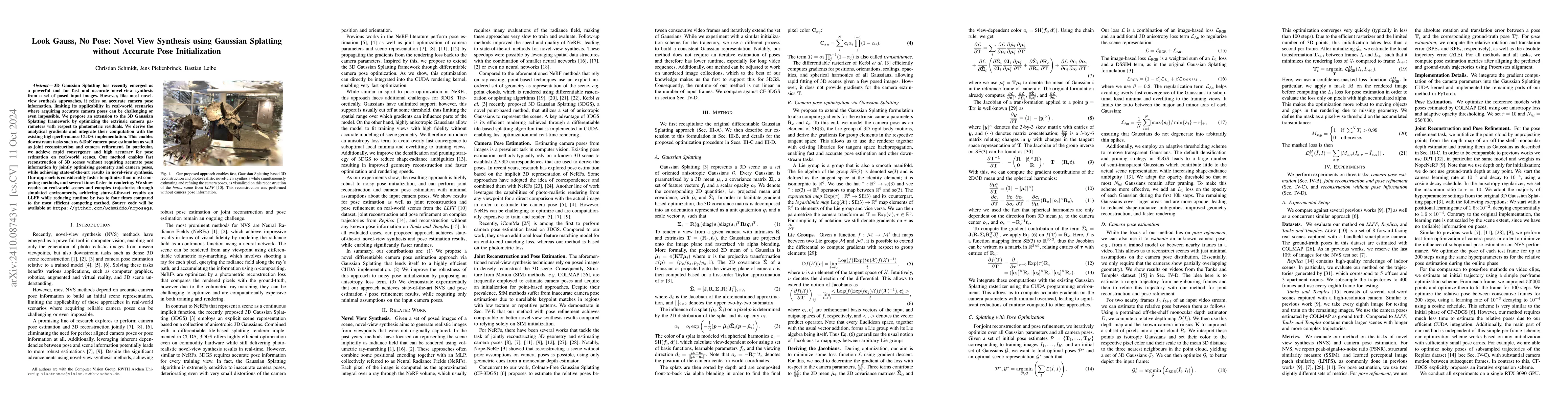 Thumbnail for Look Gauss, No Pose: Novel View Synthesis using Gaussian Splatting
  without Accurate Pose Initialization