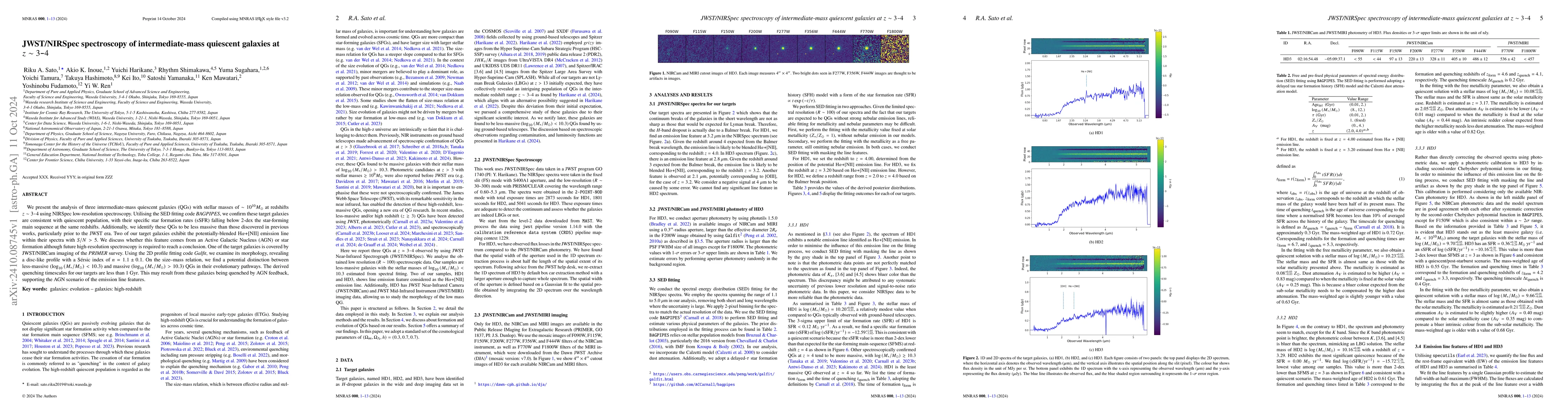 Thumbnail for JWST/NIRSpec spectroscopy of intermediate-mass quiescent galaxies at $z
  \sim 3-4$