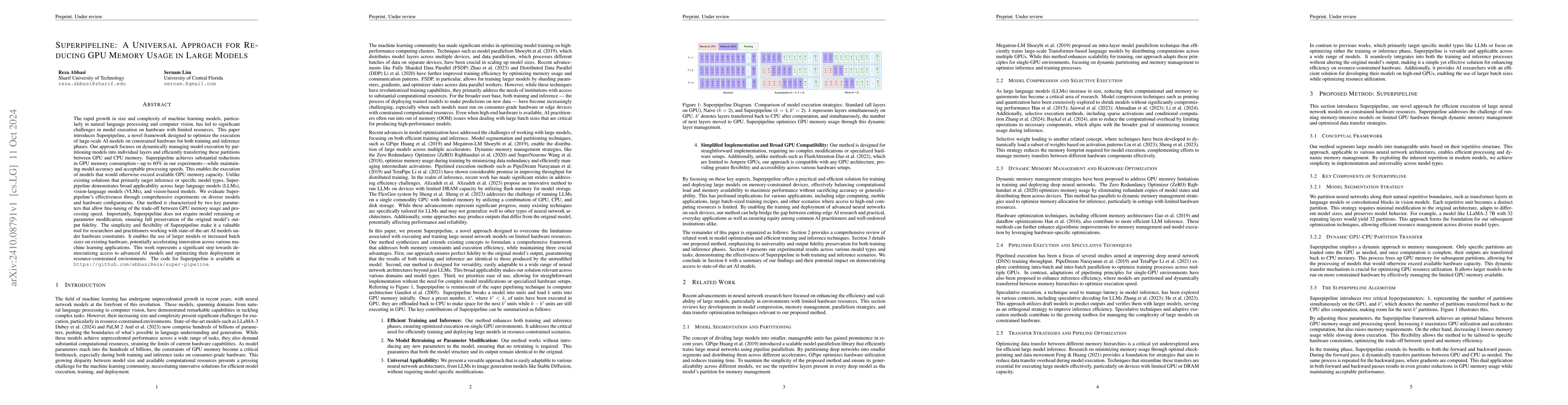 Thumbnail for Superpipeline: A Universal Approach for Reducing GPU Memory Usage in
  Large Models