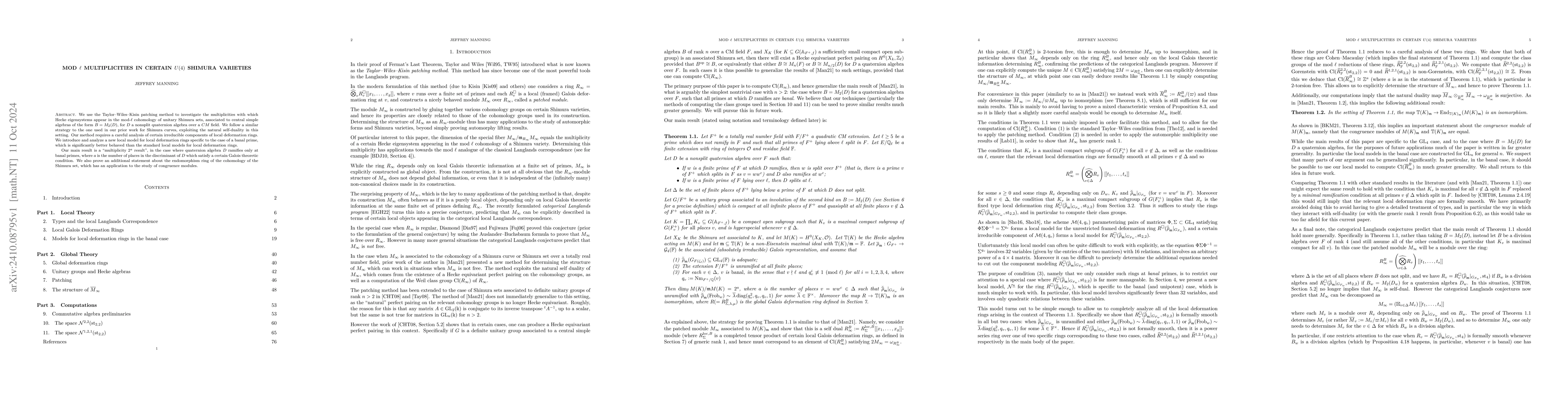 Thumbnail for Mod $\ell$ multiplicities in certain $U(4)$ Shimura varieties
