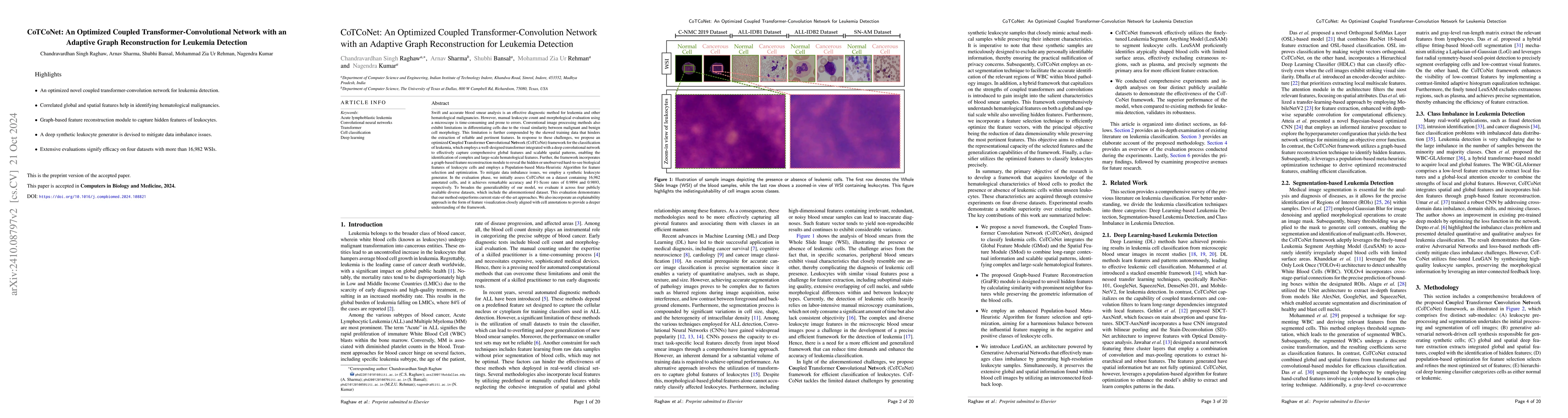 Thumbnail for CoTCoNet: An Optimized Coupled Transformer-Convolutional Network with an
  Adaptive Graph Reconstruction for Leukemia Detection