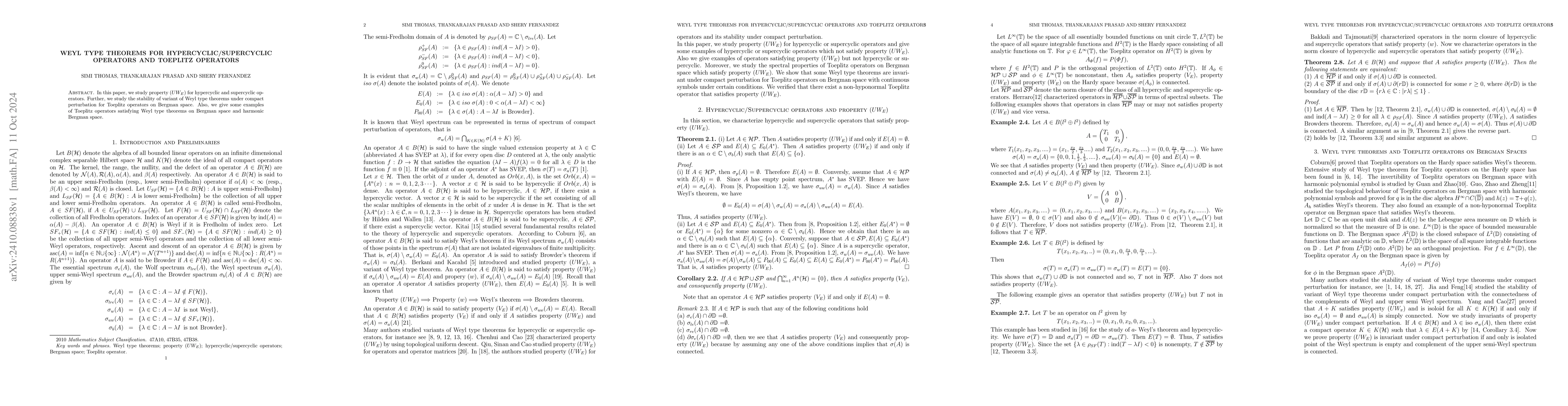 Thumbnail for Weyl type theorems for hypercyclic/supercyclic operators and Toeplitz
  operators