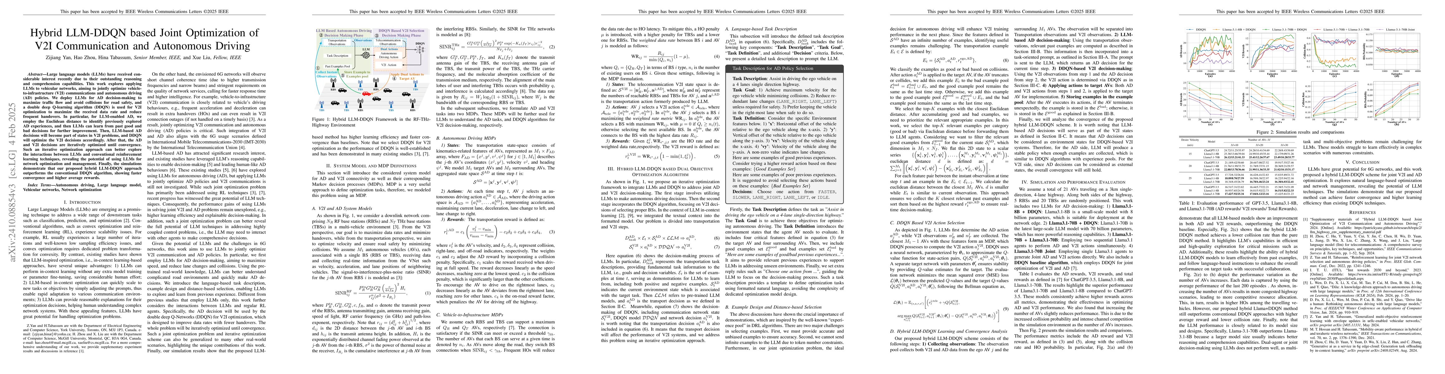 Thumbnail for Hybrid LLM-DDQN based Joint Optimization of V2I Communication and
  Autonomous Driving