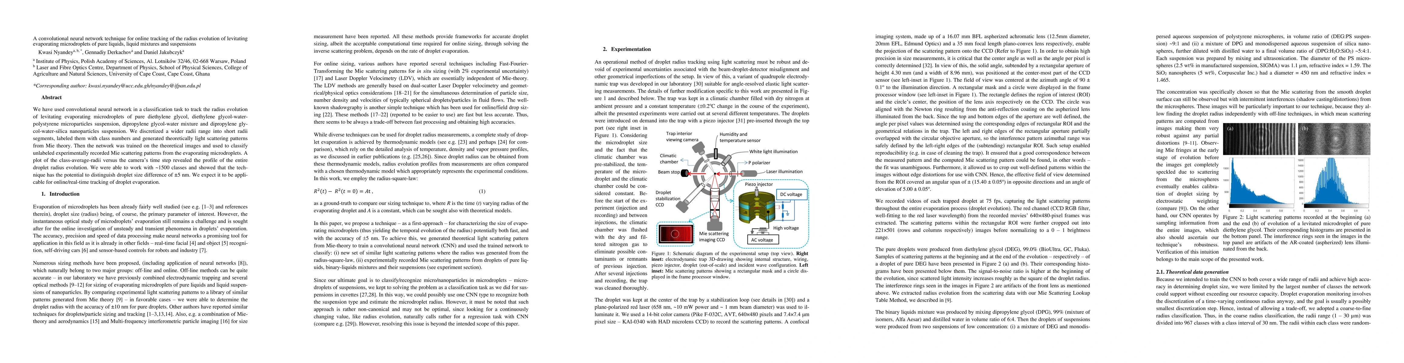 Thumbnail for A convolutional neural network technique for online tracking of the
  radius evolution of levitating evaporating microdroplets of pure liquids,
  liquid mixtures and suspensions