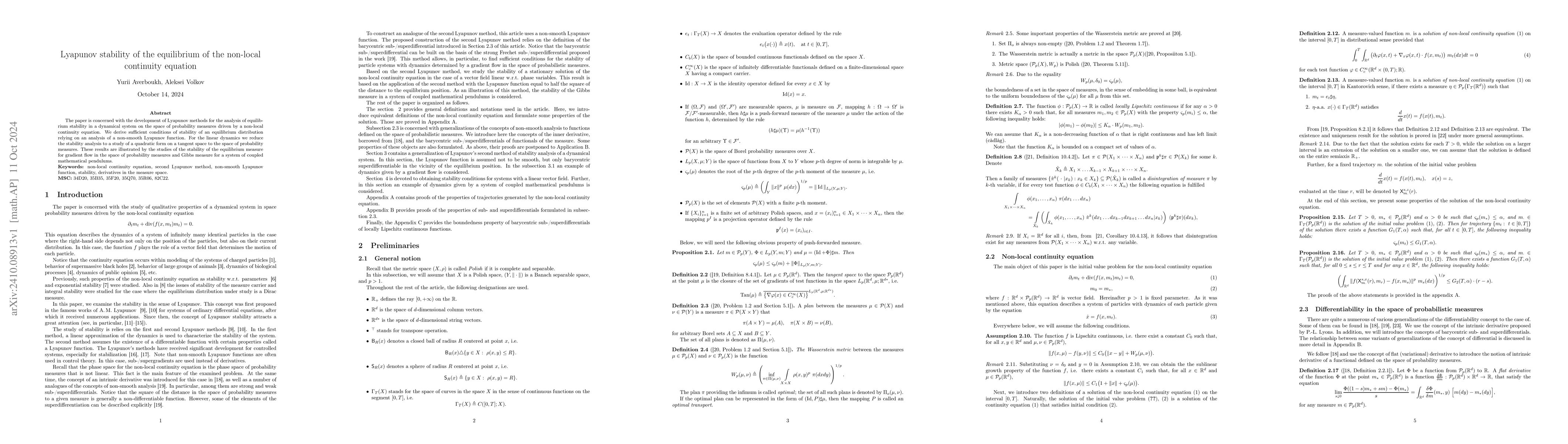 Thumbnail for Lyapunov stability of the equilibrium of the non-local continuity
  equation