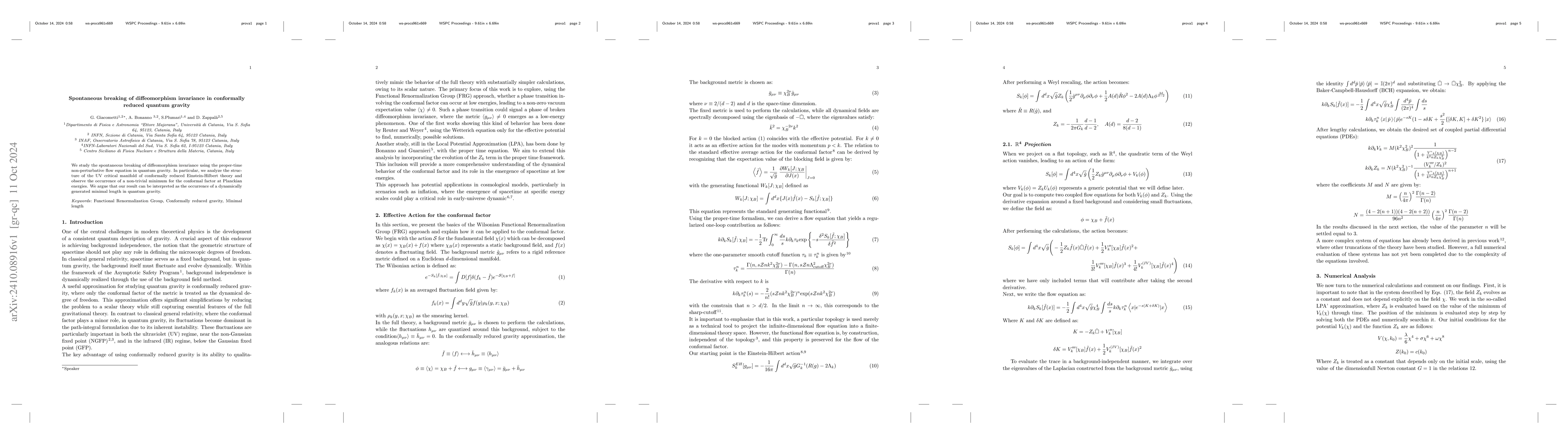 Thumbnail for Spontaneous breaking of diffeomorphism invariance in conformally reduced
  quantum gravity