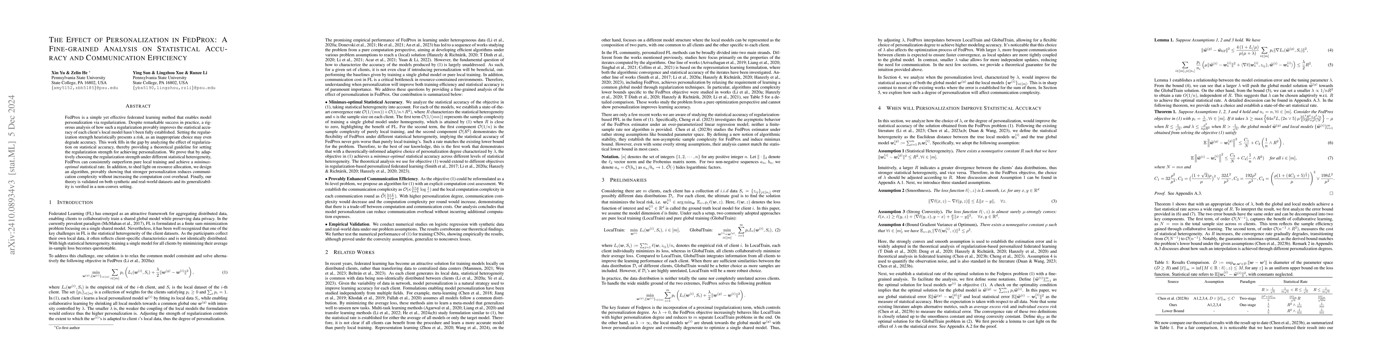 Thumbnail for The Effect of Personalization in FedProx: A Fine-grained Analysis on
  Statistical Accuracy and Communication Efficiency