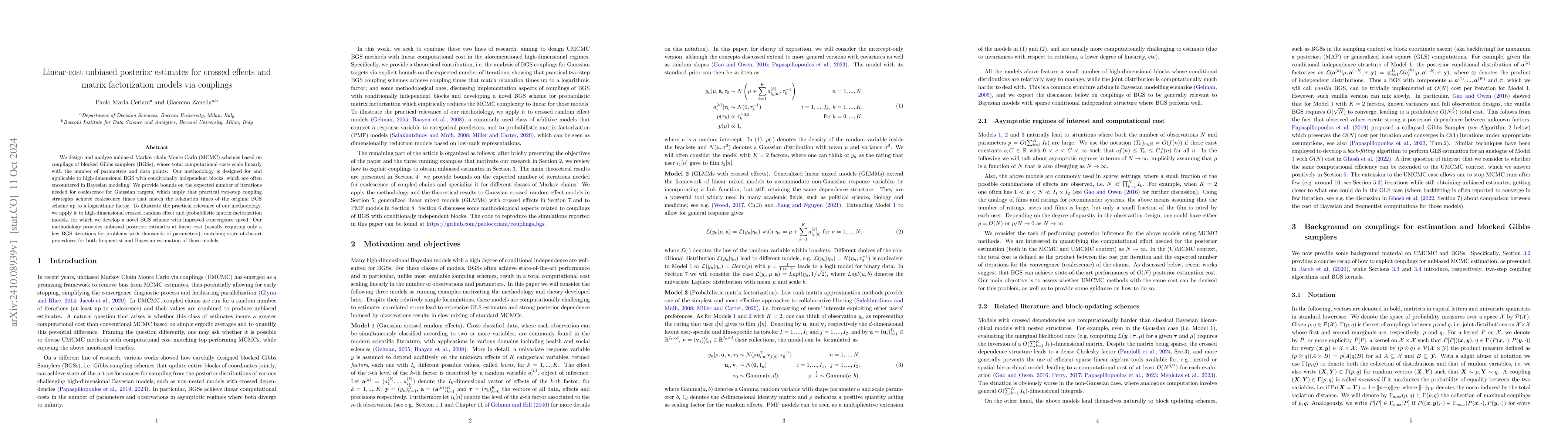 Thumbnail for Linear-cost unbiased posterior estimates for crossed effects and matrix
  factorization models via couplings