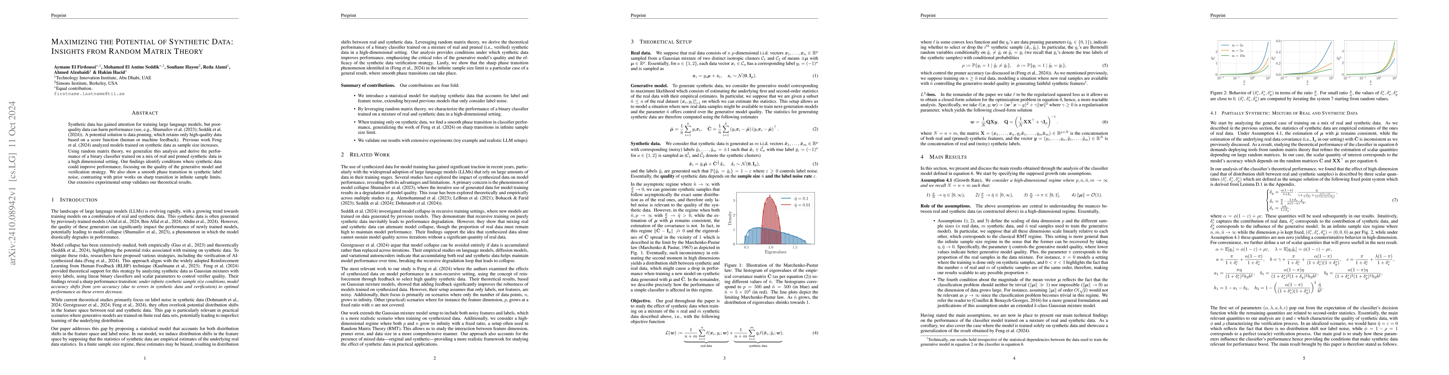 Thumbnail for Maximizing the Potential of Synthetic Data: Insights from Random Matrix
  Theory
