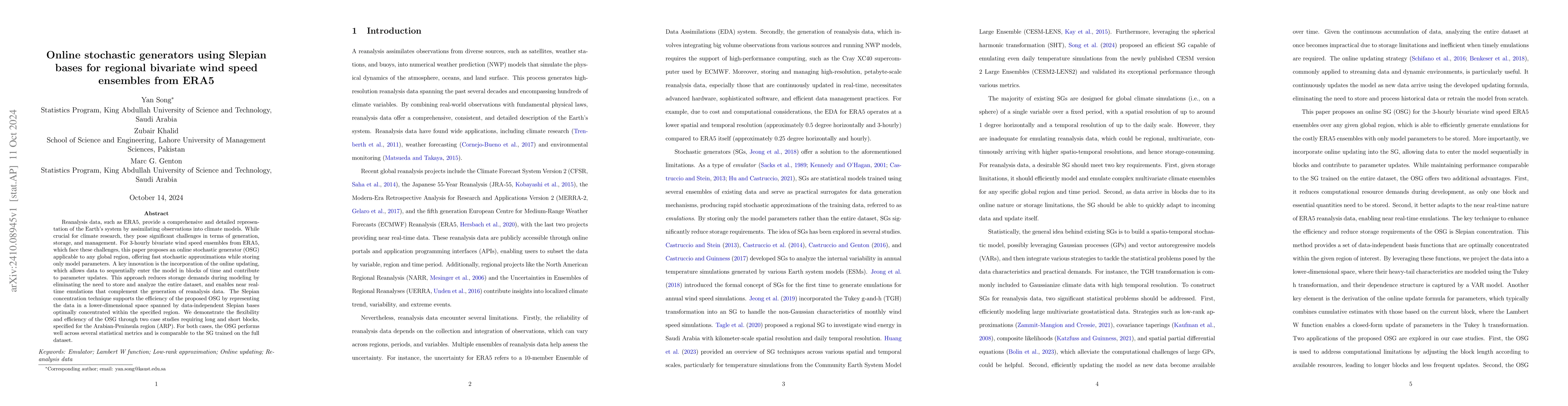 Thumbnail for Online stochastic generators using Slepian bases for regional bivariate
  wind speed ensembles from ERA5