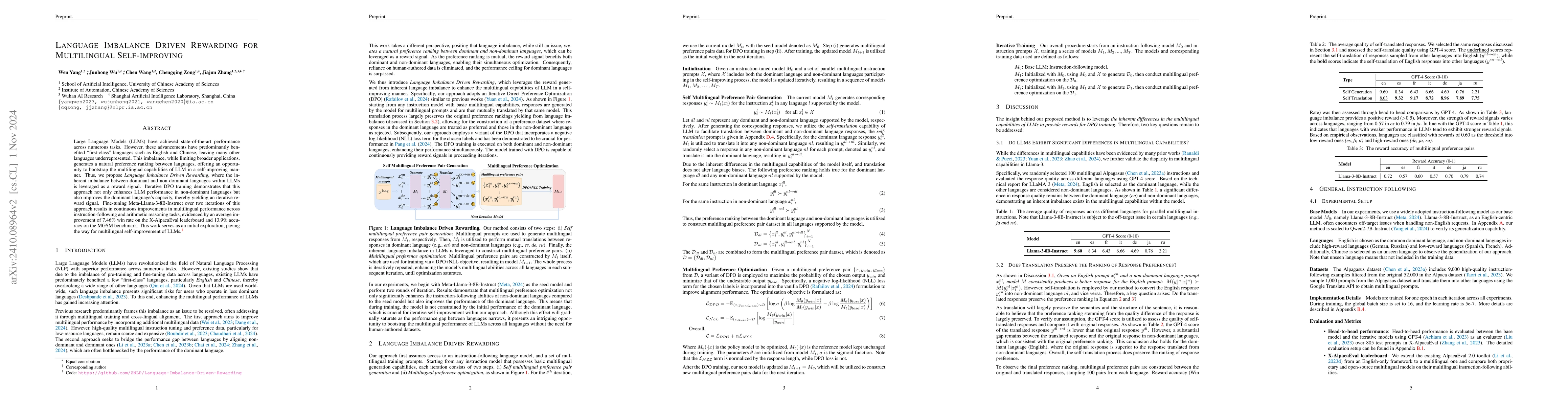 Thumbnail for Language Imbalance Driven Rewarding for Multilingual Self-improving