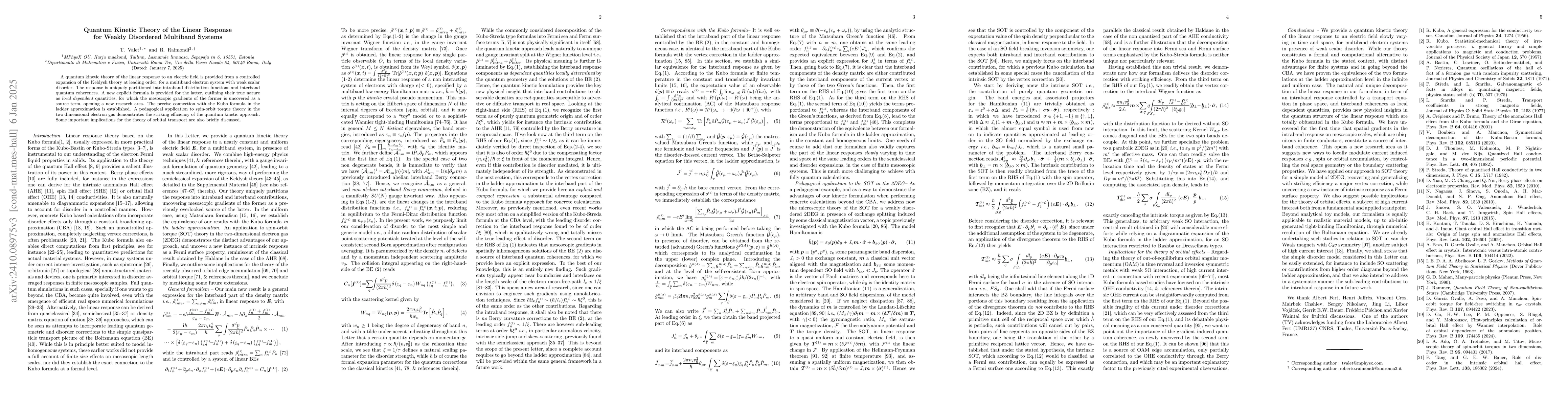 Thumbnail for Quantum Kinetic Theory of the Linear Response for Weakly Disordered
  Multiband Systems