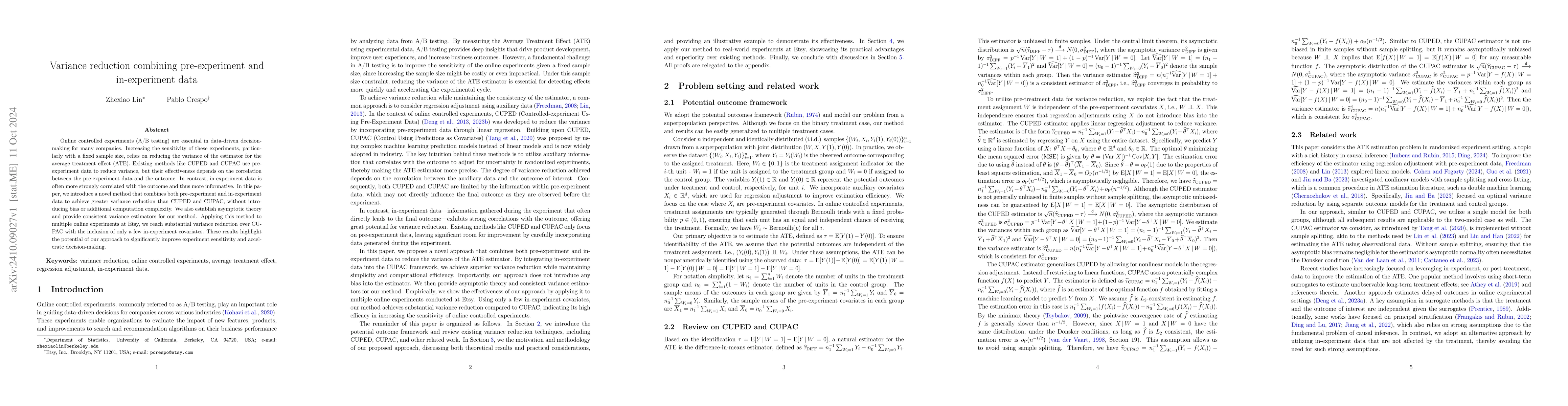 Thumbnail for Variance reduction combining pre-experiment and in-experiment data