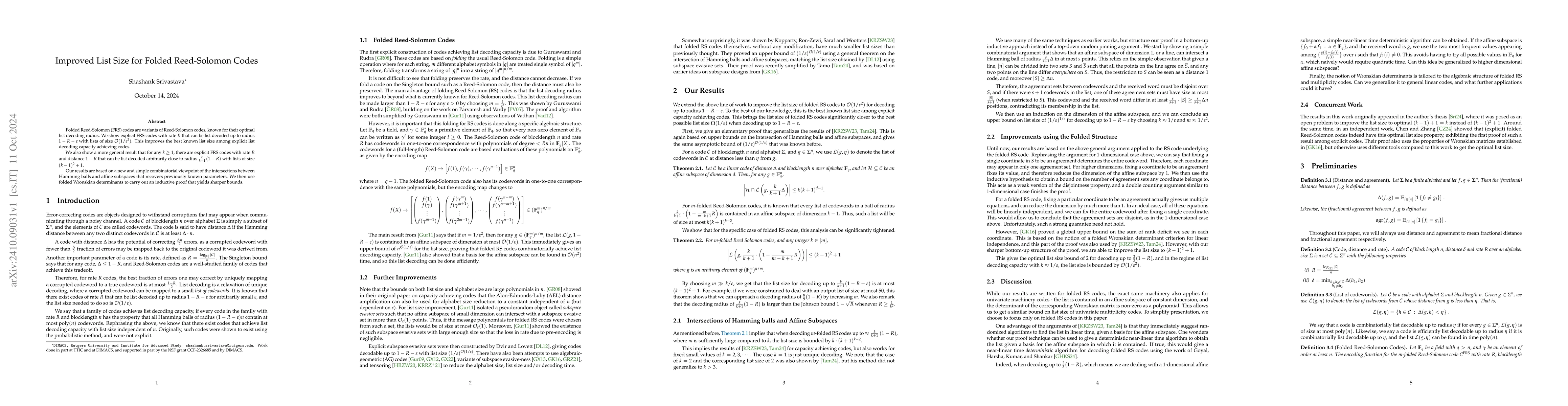 Thumbnail for Improved List Size for Folded Reed-Solomon Codes