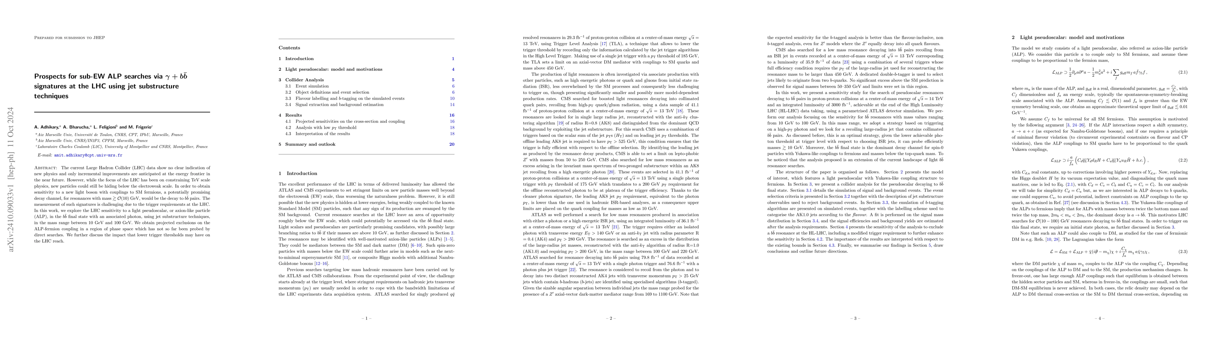 Thumbnail for Prospects for sub-EW ALP searches via $γ+b\bar{b}$ signatures at
  the LHC using jet substructure techniques
