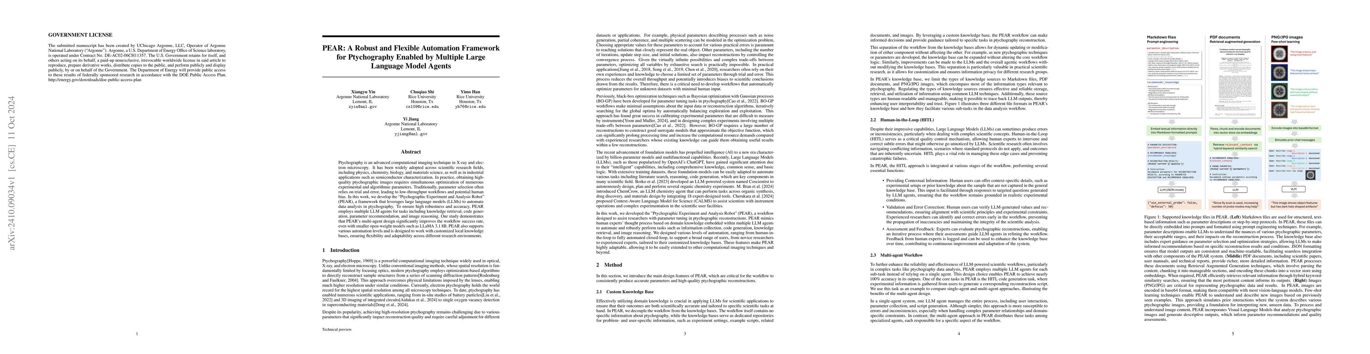 Thumbnail for PEAR: A Robust and Flexible Automation Framework for Ptychography
  Enabled by Multiple Large Language Model Agents