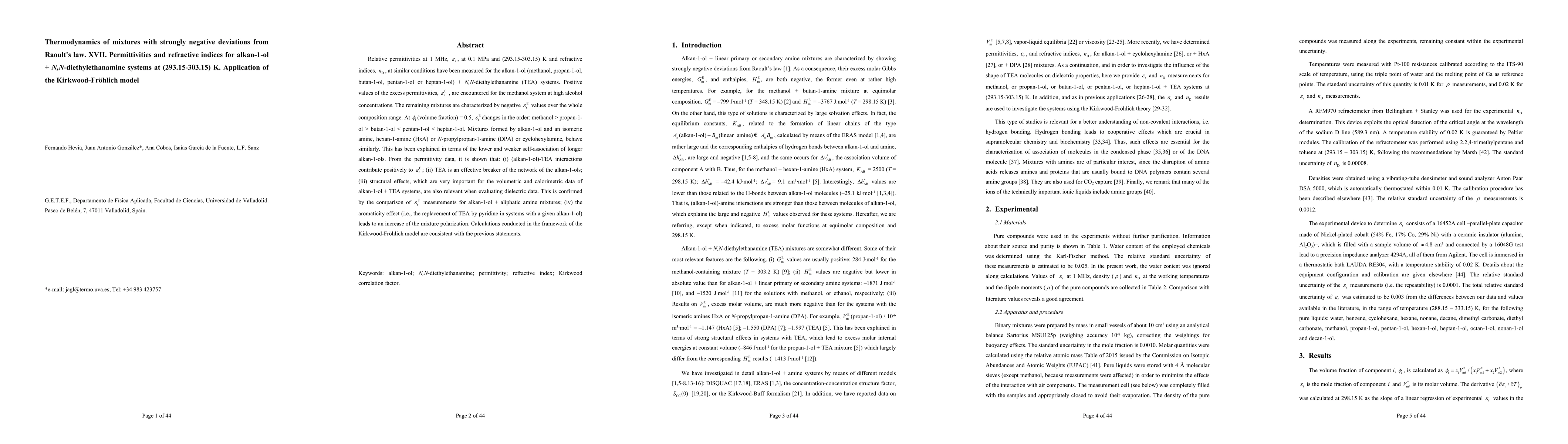 Thumbnail for Thermodynamics of mixtures with strongly negative deviations from
  Raoult's law. XVII. Permittivities and refractive indices for alkan-1-ol +
  N,N-diethylethanamine systems at (293.15-303.15) K. Application of the
  Kirkwood-Fröhlich model
