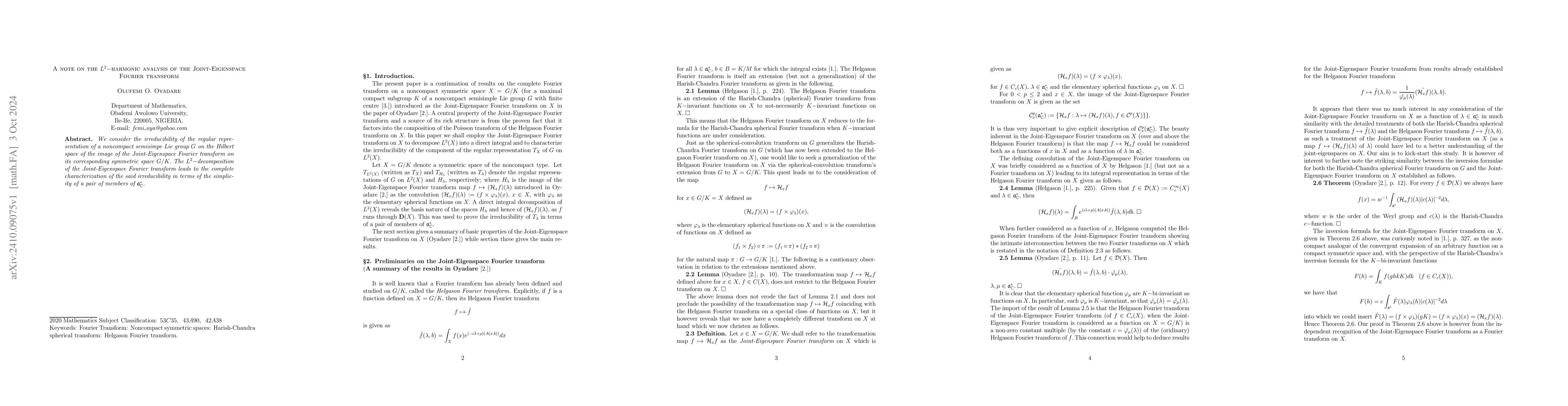 Thumbnail for A note on the $L^{2}-$harmonic analysis of the Joint-Eigenspace Fourier
  transform