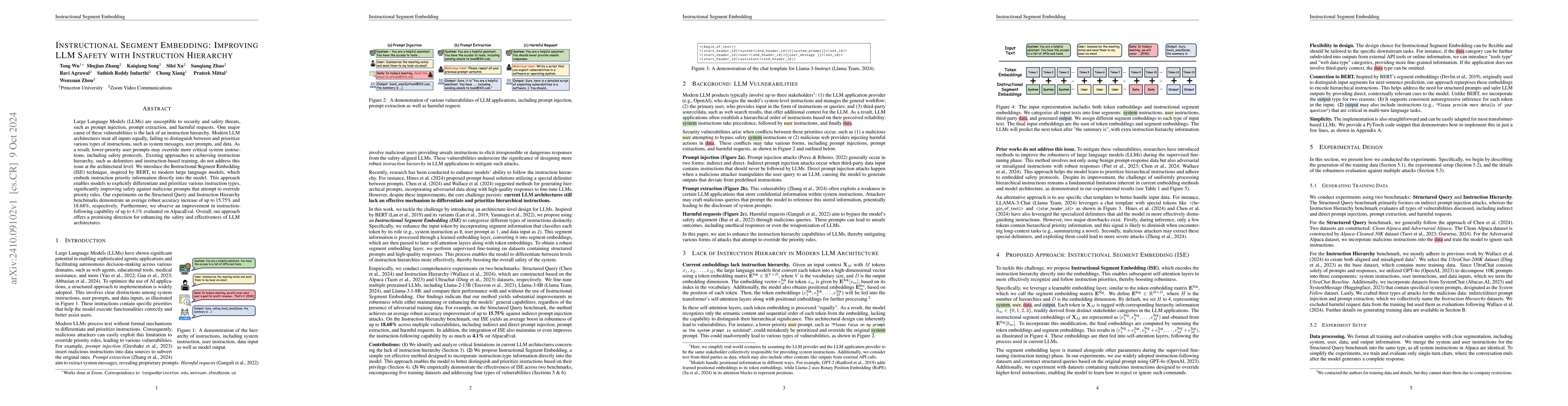 Thumbnail for Instructional Segment Embedding: Improving LLM Safety with Instruction
  Hierarchy