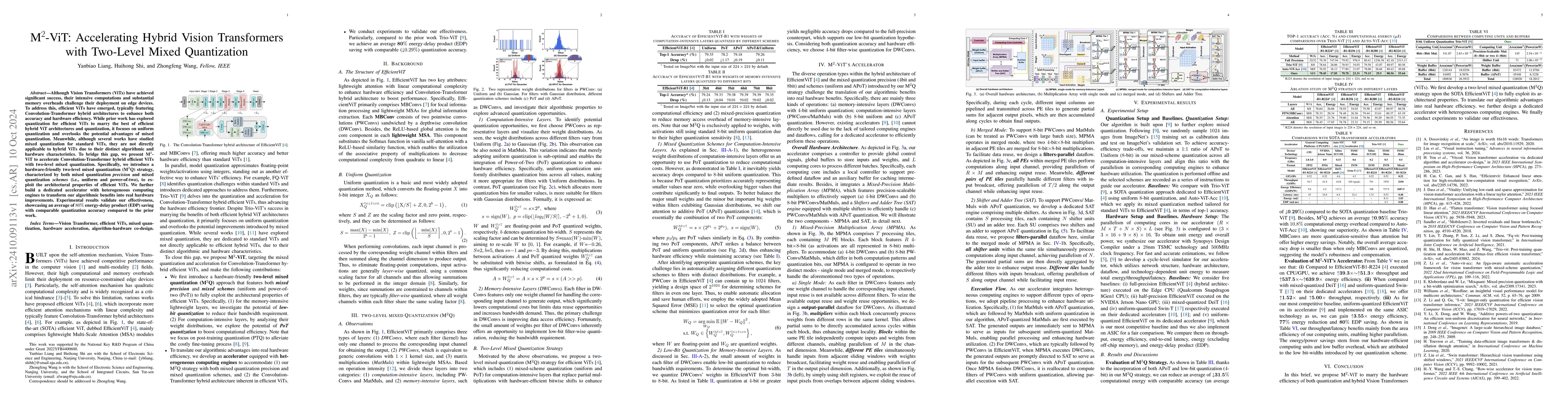 Thumbnail for M$^2$-ViT: Accelerating Hybrid Vision Transformers with Two-Level Mixed
  Quantization