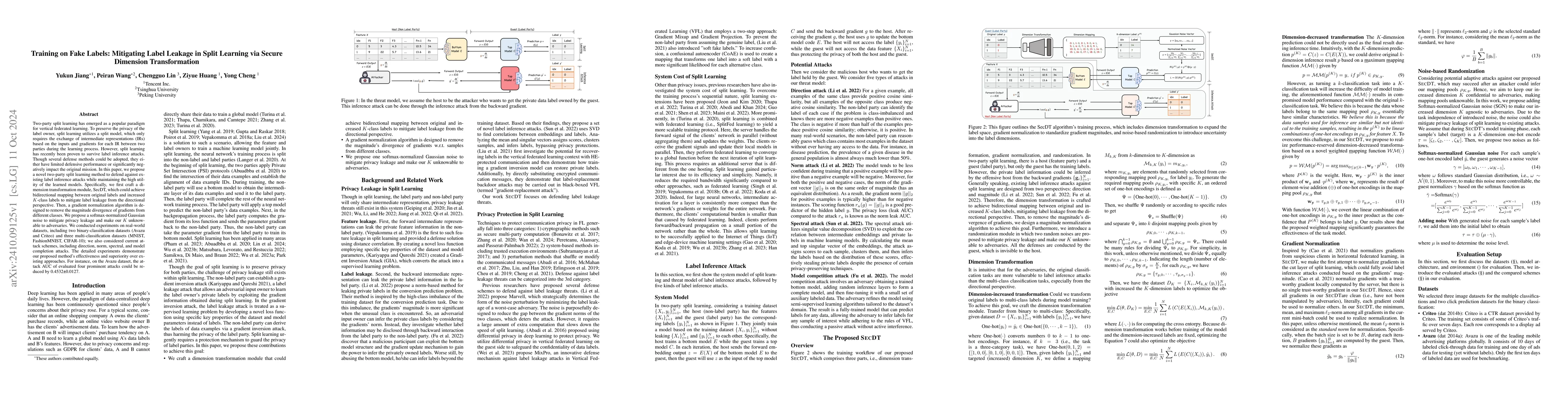 Thumbnail for Training on Fake Labels: Mitigating Label Leakage in Split Learning via
  Secure Dimension Transformation
