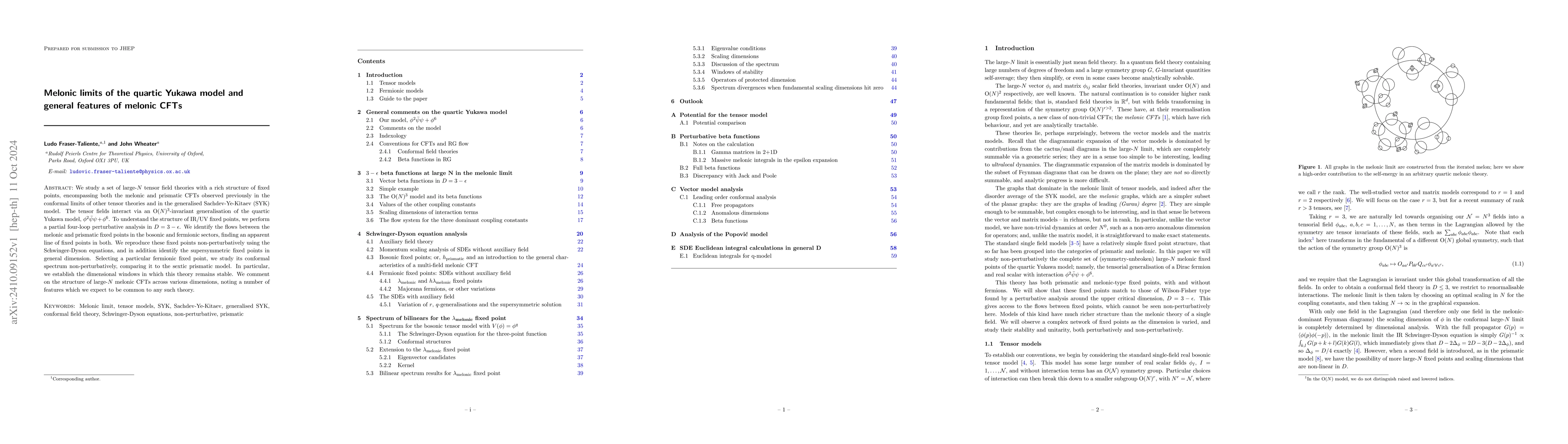 Thumbnail for Melonic limits of the quartic Yukawa model and general features of
  melonic CFTs