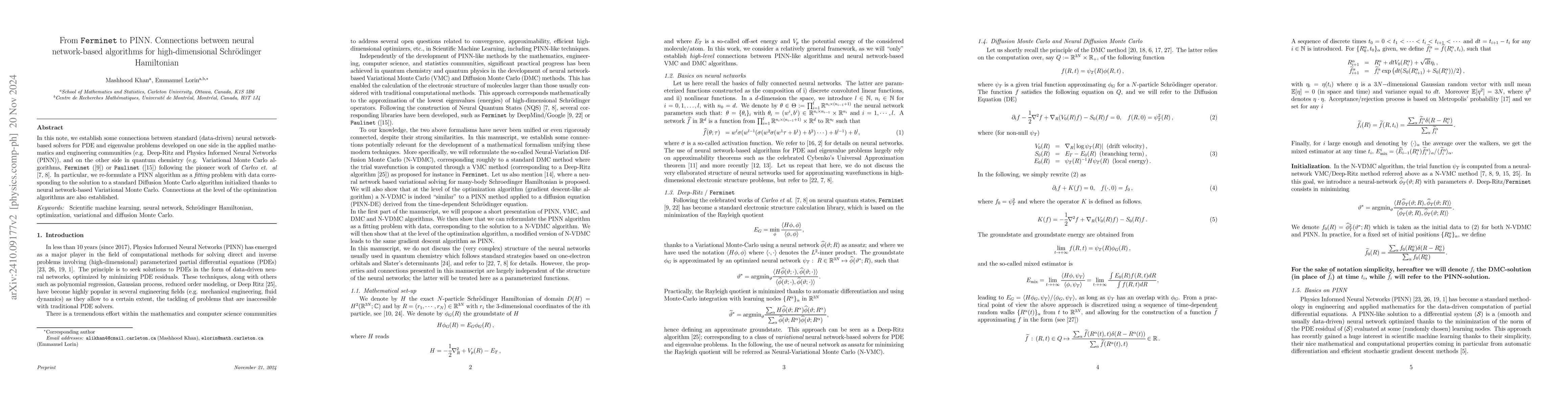 Thumbnail for From {\tt Ferminet} to PINN. Connections between neural network-based
  algorithms for high-dimensional Schrödinger Hamiltonian