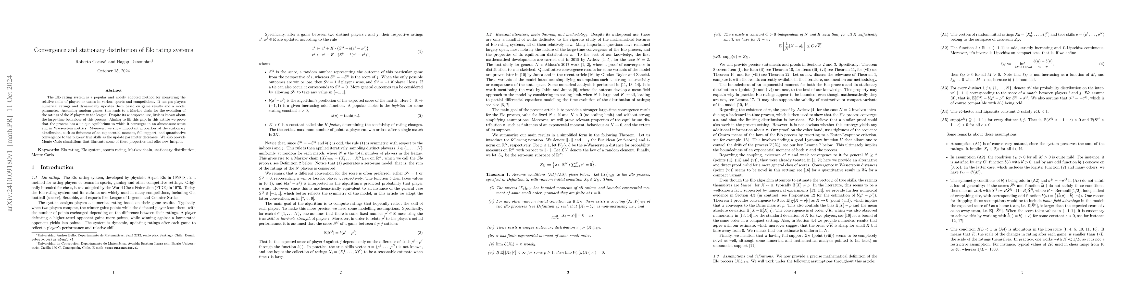 Thumbnail for Convergence and stationary distribution of Elo rating systems
