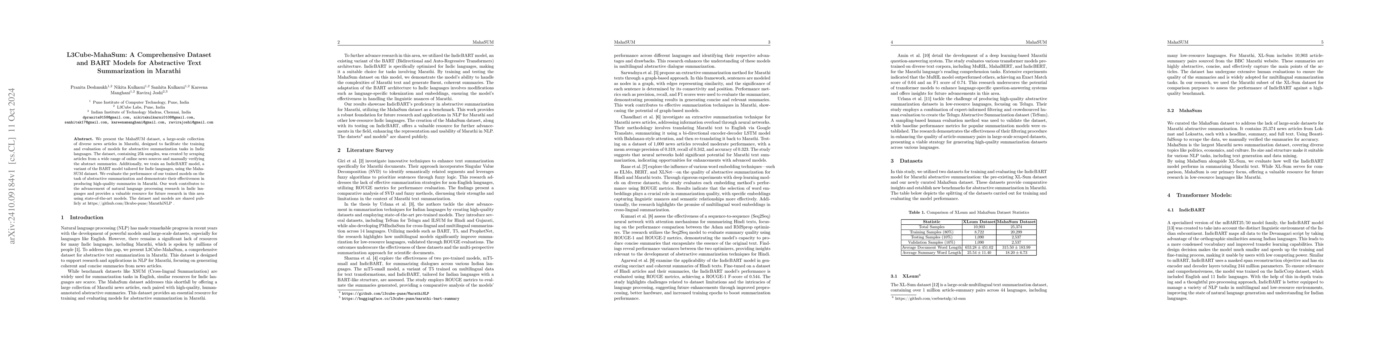 Thumbnail for L3Cube-MahaSum: A Comprehensive Dataset and BART Models for Abstractive
  Text Summarization in Marathi