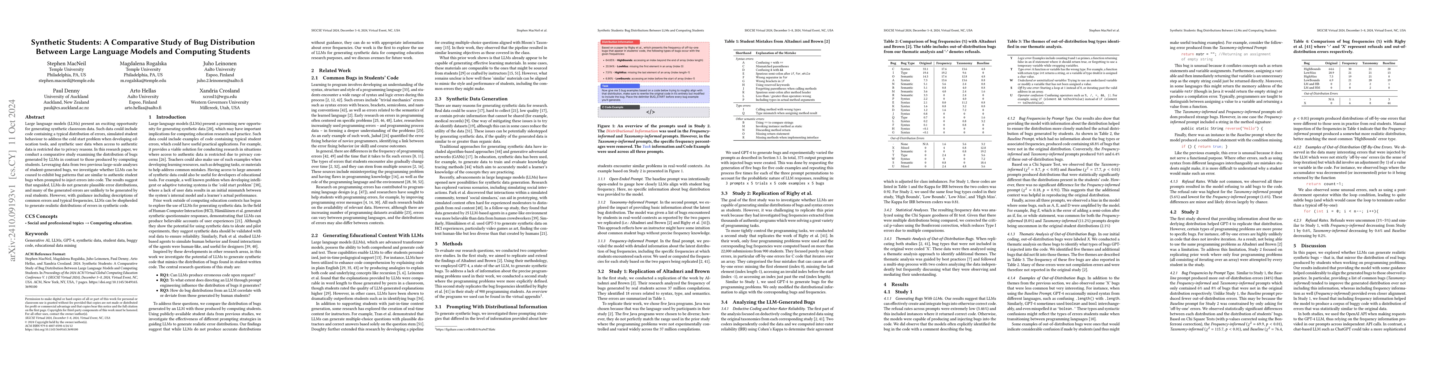 Thumbnail for Synthetic Students: A Comparative Study of Bug Distribution Between
  Large Language Models and Computing Students