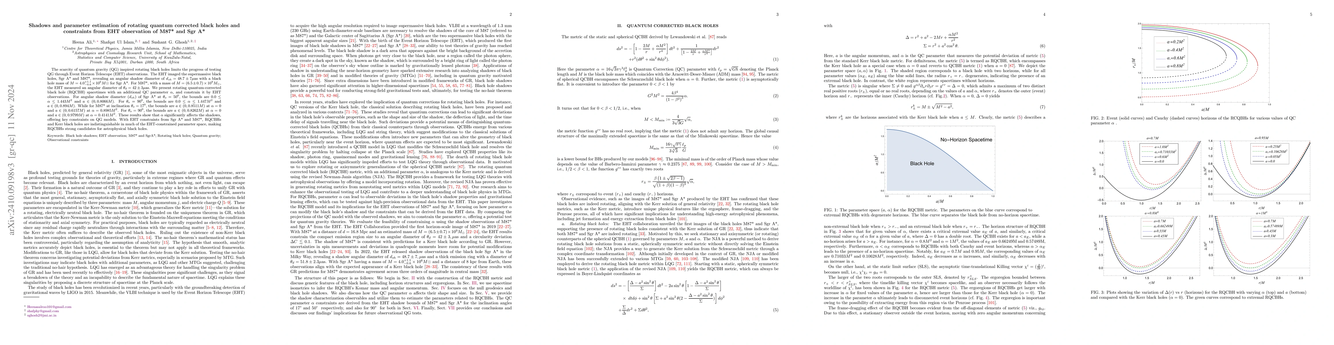 Thumbnail for Shadows and parameter estimation of rotating quantum corrected black
  holes and constraints from EHT observation of M87* and Sgr A*