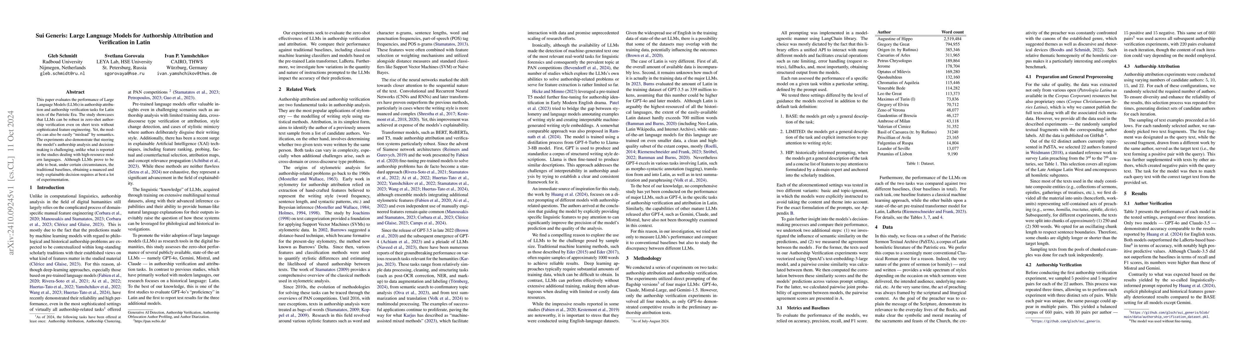 Thumbnail for Sui Generis: Large Language Models for Authorship Attribution and
  Verification in Latin