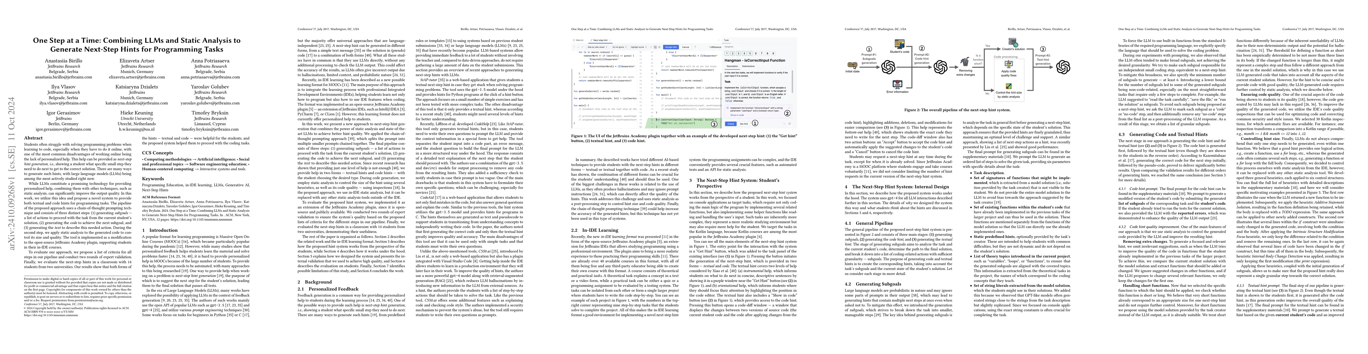 Thumbnail for One Step at a Time: Combining LLMs and Static Analysis to Generate
  Next-Step Hints for Programming Tasks