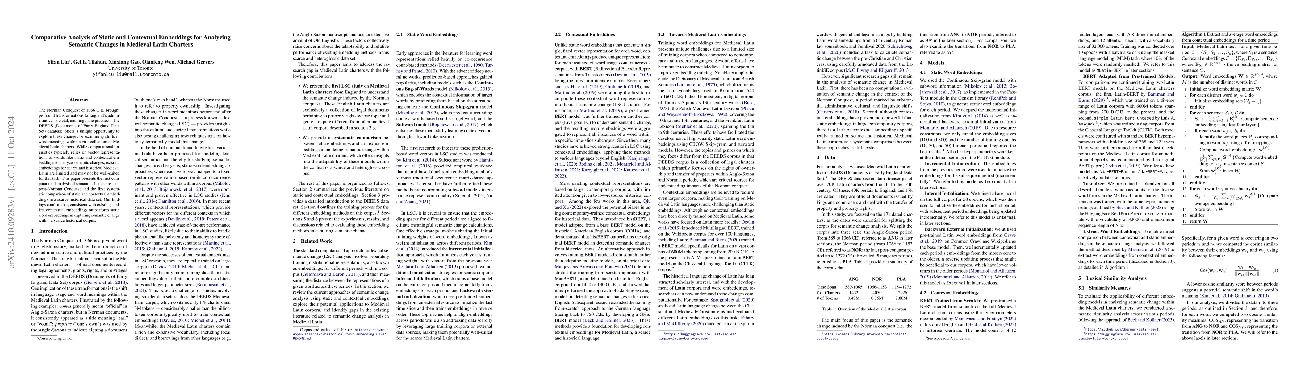 Thumbnail for Comparative Analysis of Static and Contextual Embeddings for Analyzing
  Semantic Changes in Medieval Latin Charters