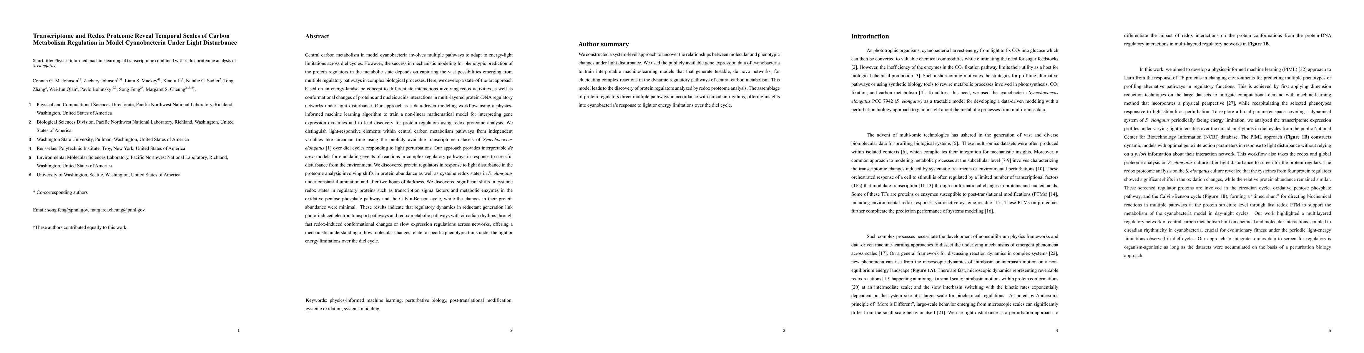 Thumbnail for Transcriptome and Redox Proteome Reveal Temporal Scales of Carbon
  Metabolism Regulation in Model Cyanobacteria Under Light Disturbance