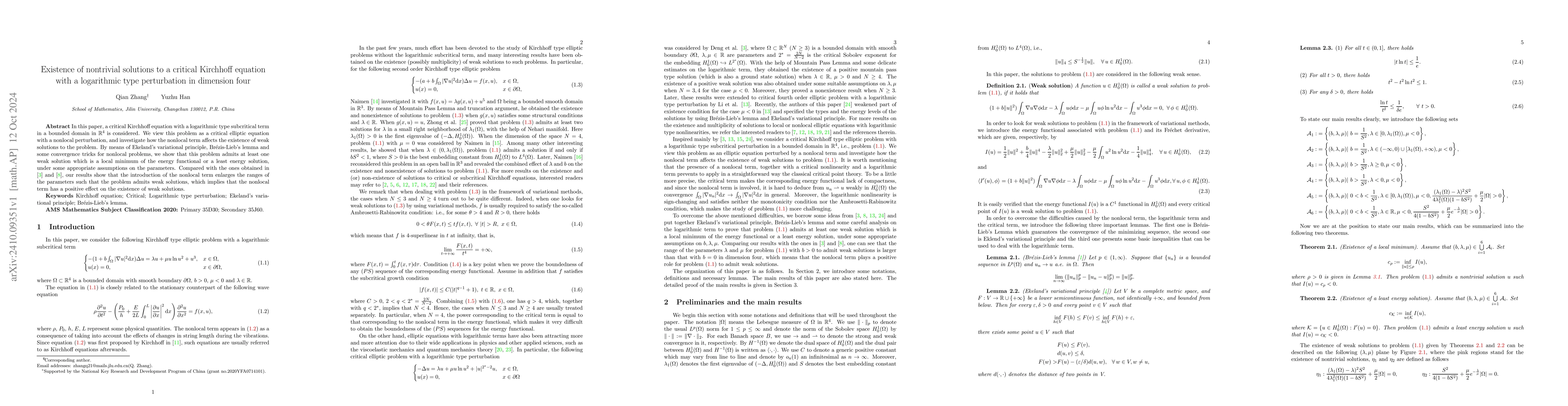 Thumbnail for Existence of nontrivial solutions to a critical Kirchhoff equation with
  a logarithmic type perturbation in dimension four