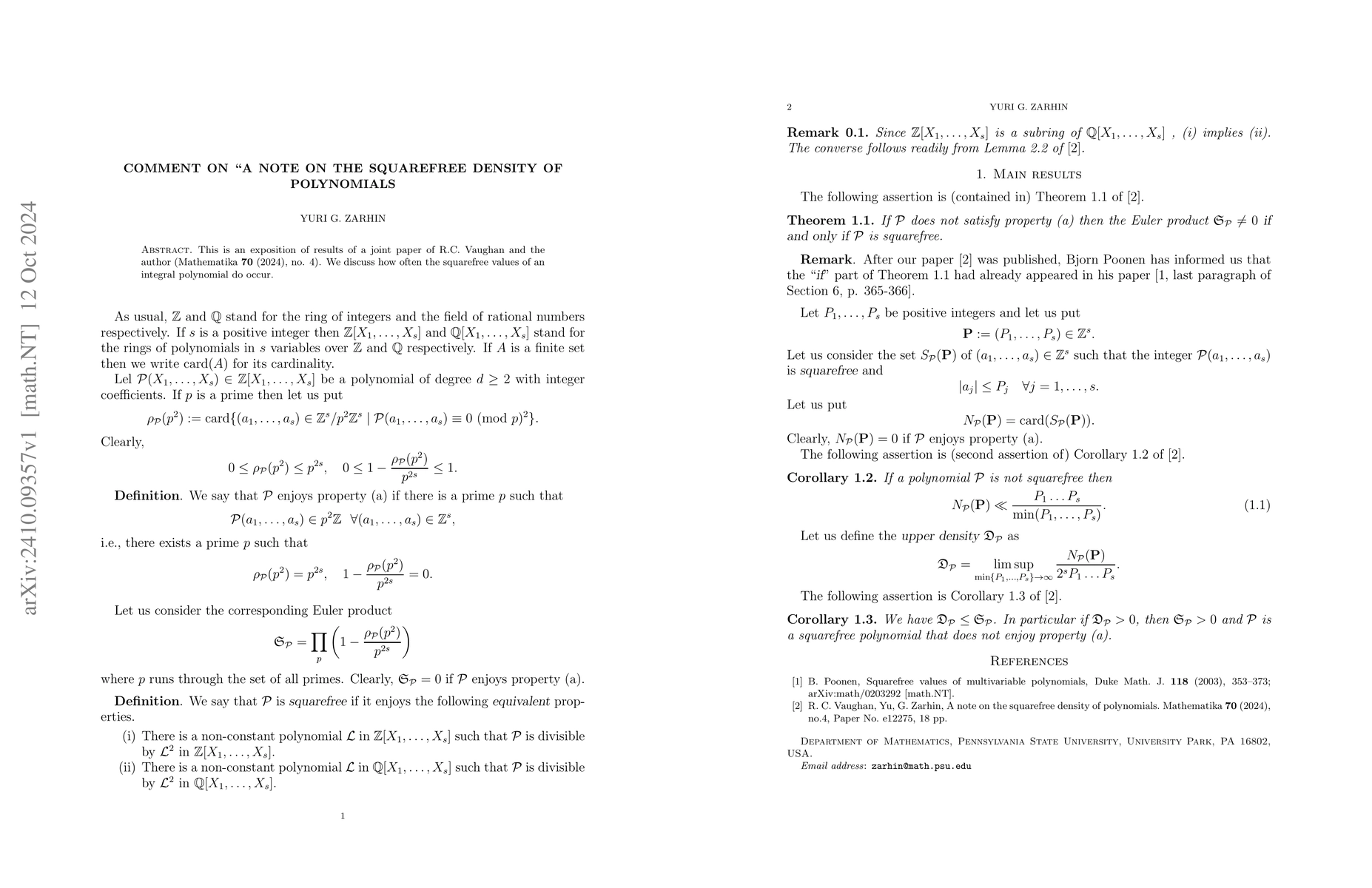 Thumbnail for Comment on "On the squarefree density of polynomials"