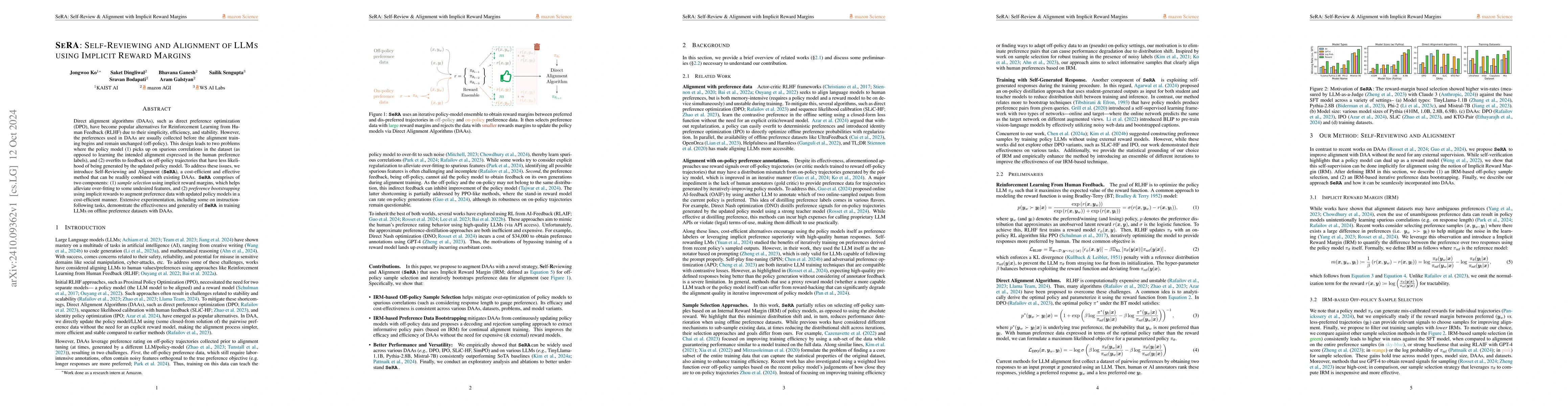 Thumbnail for SeRA: Self-Reviewing and Alignment of Large Language Models using
  Implicit Reward Margins
