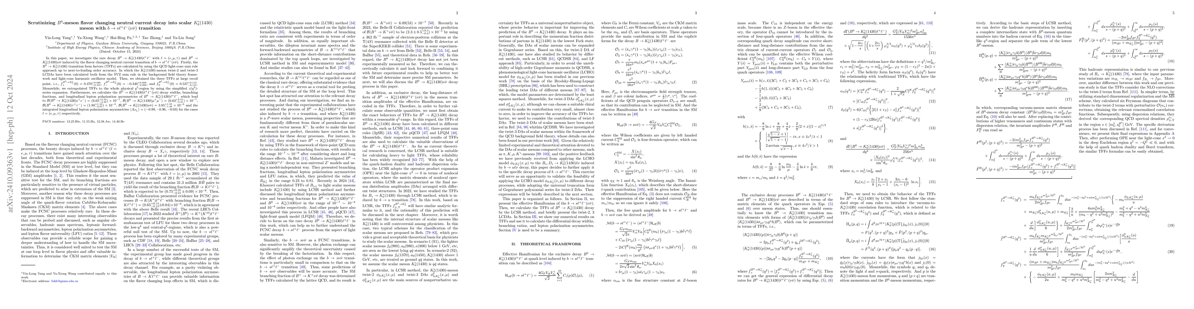 Thumbnail for Scrutinizing $B^0$-meson flavor changing neutral current decay into
  scalar $K_0^*(1430)$ meson with $b\to s \ell^+\ell^-(ν\barν)$ transition