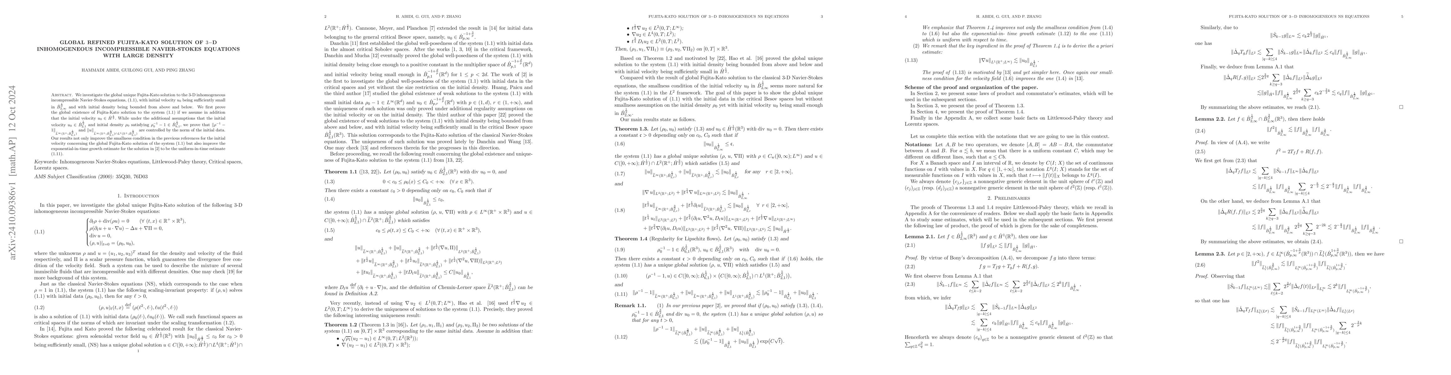 Thumbnail for Global refined Fujita-Kato solution of 3-D inhomogeneous incompressible
  Navier-Stokes equations with large density