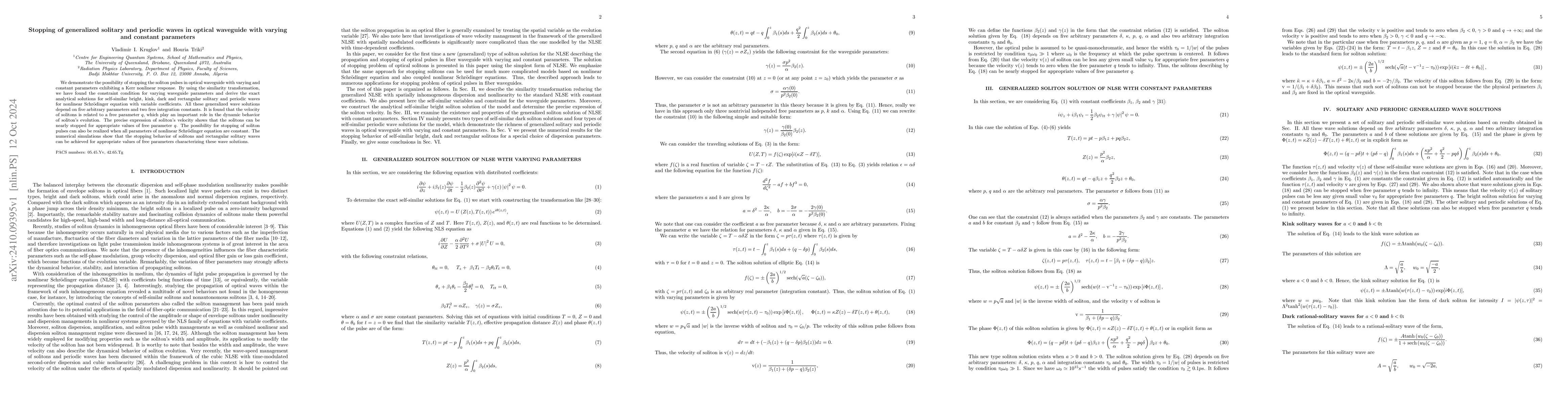 Thumbnail for Stopping of generalized solitary and periodic waves in optical waveguide
  with varying and constant parameters