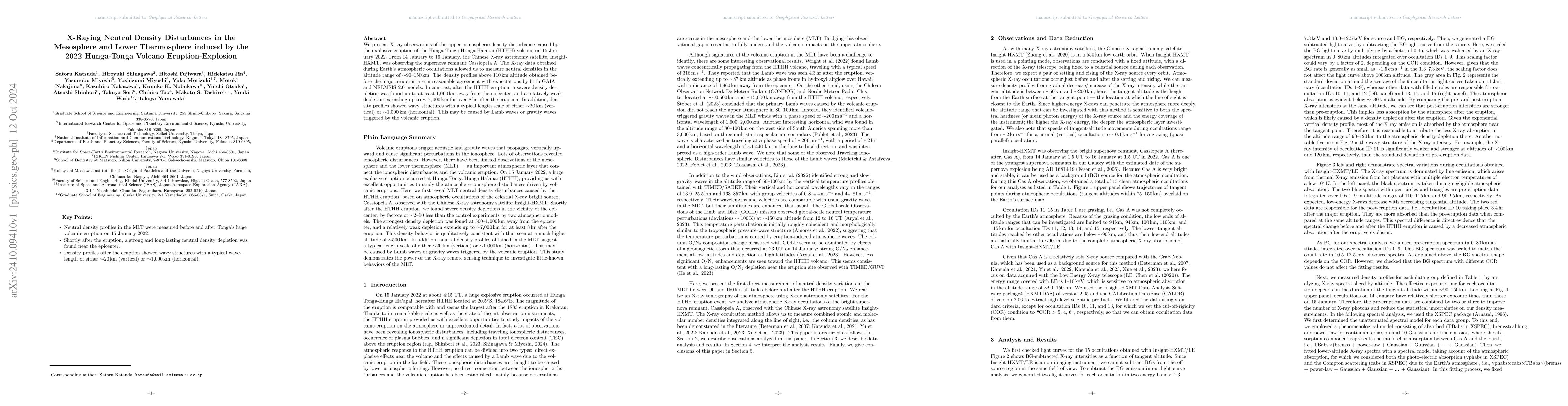 Thumbnail for X-Raying Neutral Density Disturbances in the Mesosphere and Lower
  Thermosphere induced by the 2022 Hunga-Tonga Volcano Eruption-Explosion