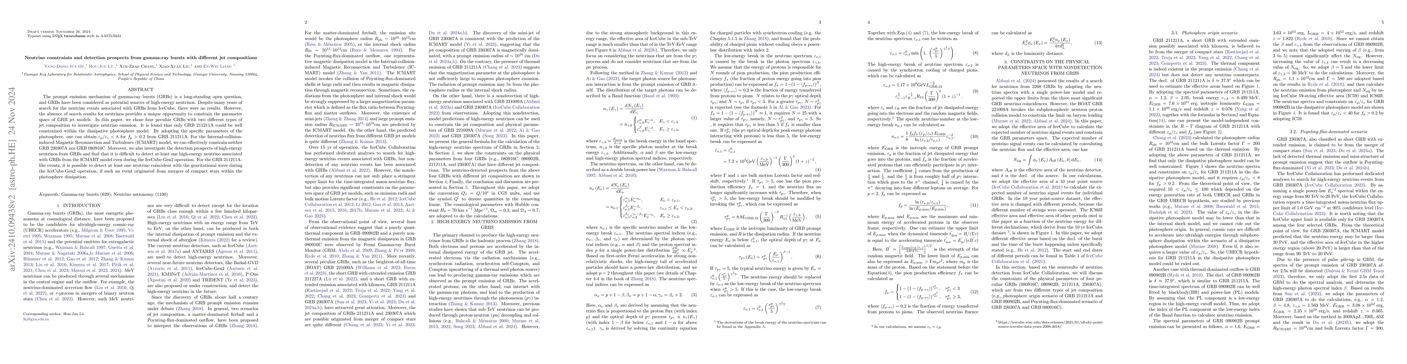 Thumbnail for Neutrino constraints and detection prospects from gamma-ray bursts with
  different jet compositions